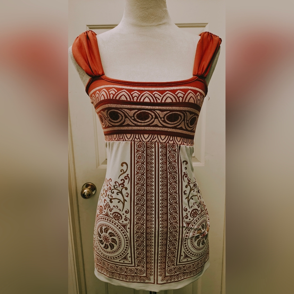 Vtg 90s Burnt Orange Polynesian Geometric Pattern Babydoll Top w Wide Mesh Strap